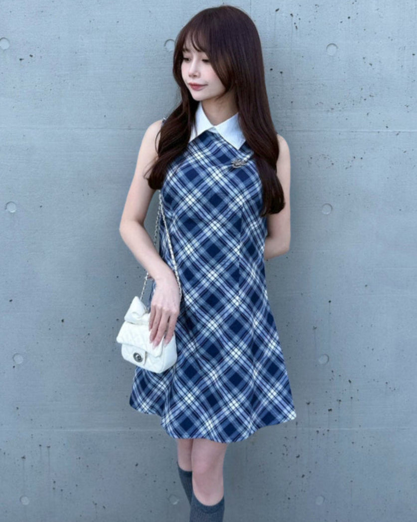 襟付きチェック柄ウエストタックミニワンピース Mc 163 – micury