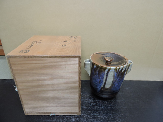 膳所焼 淡海ぜぜ陽炎園造 竹耳付水指 共箱 H2020 - 取扱商品