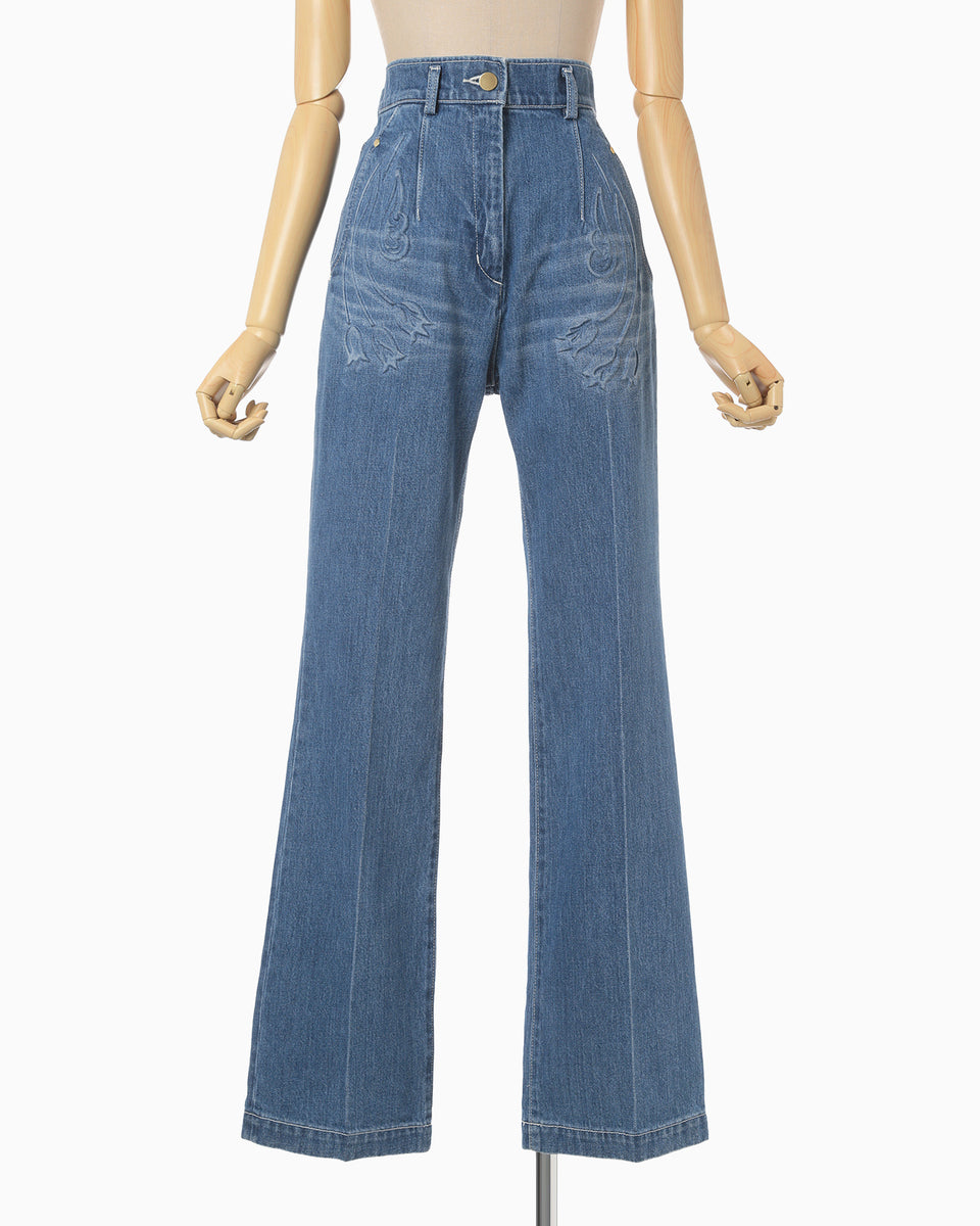Floral Embossed Flare Jeans - blue - Mame Kurogouchi