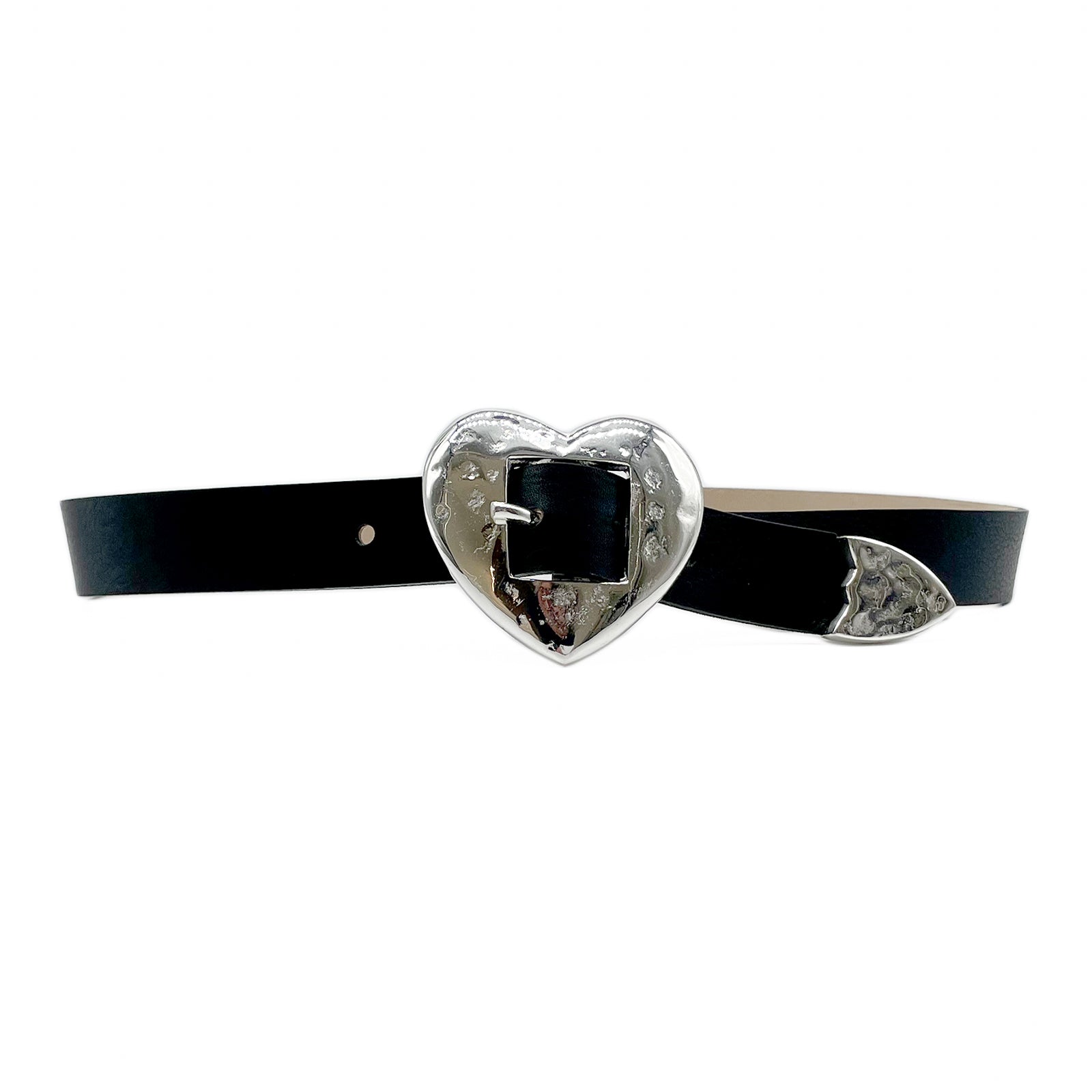 Silver Hammered Heart - Black Italian Leather Silver Heart Belt