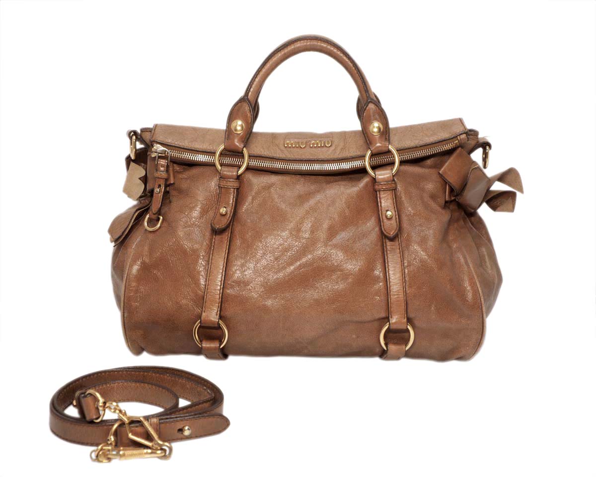 Miu Miu Brown Mughetto Distressed Vitello Lux Medium Bow Bag with