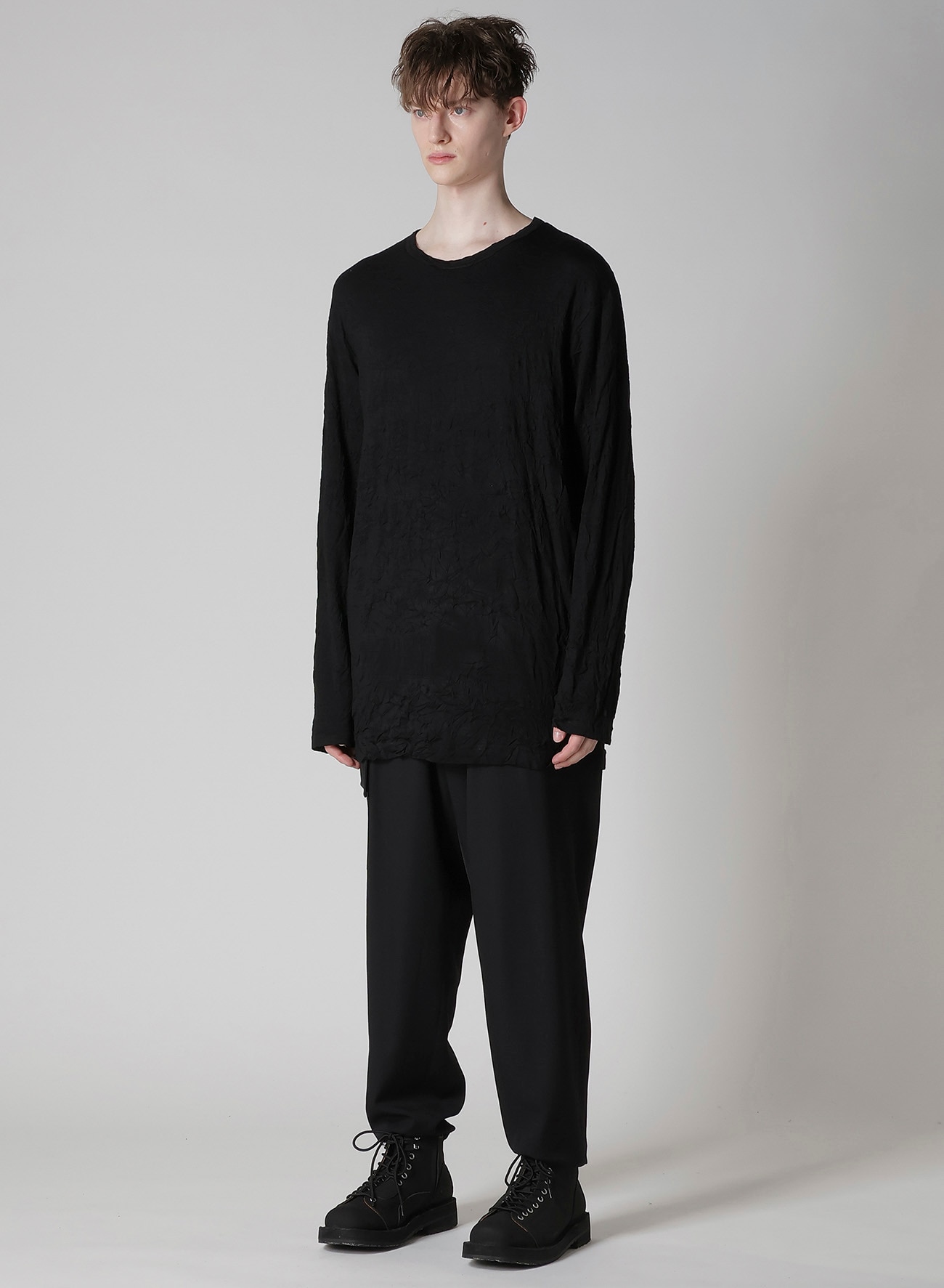 WASHABLE WOOL JERSEY ROUND NECK LONG SLV T(FREE SIZE Black