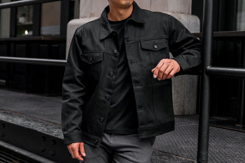 Men's Selvedge Denim Trucker Jacket in Black - Thursday