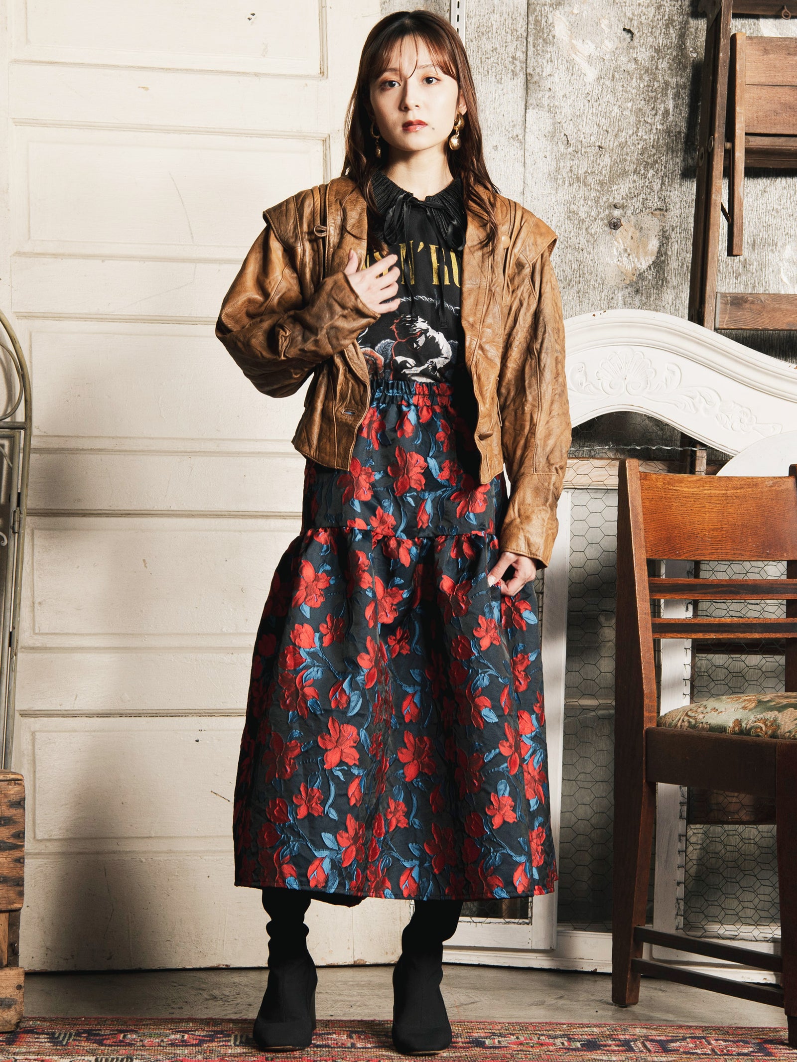 2色展開】Meridian 花柄 ジャガード織り スカート – 古着屋Top of the