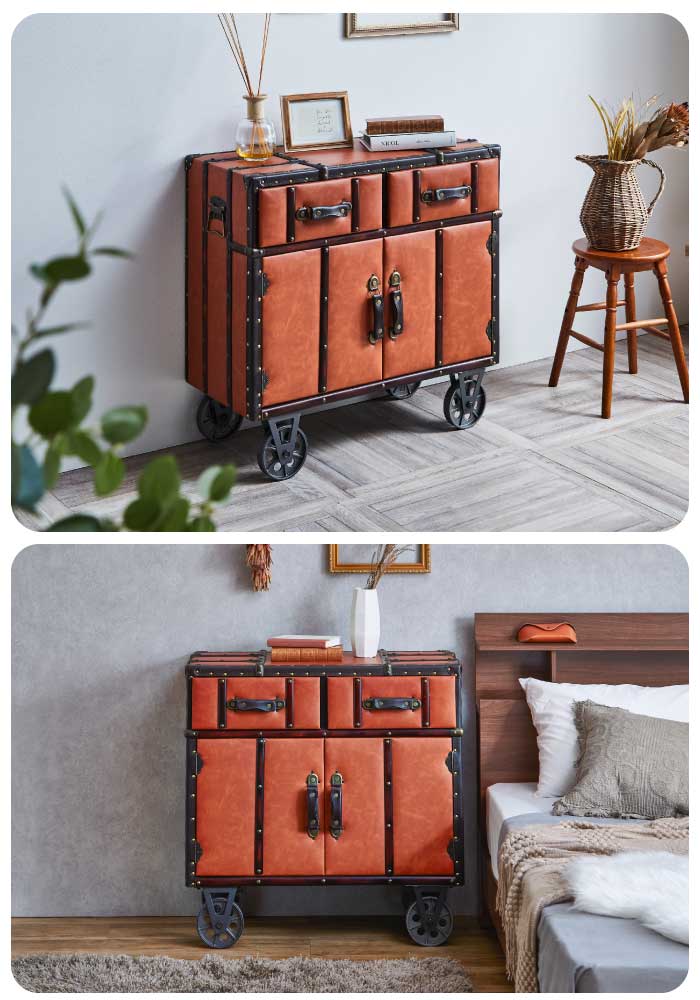 楽天市場】トランク風デザイン サイドキャビネット 幅80cm 鋲打ち