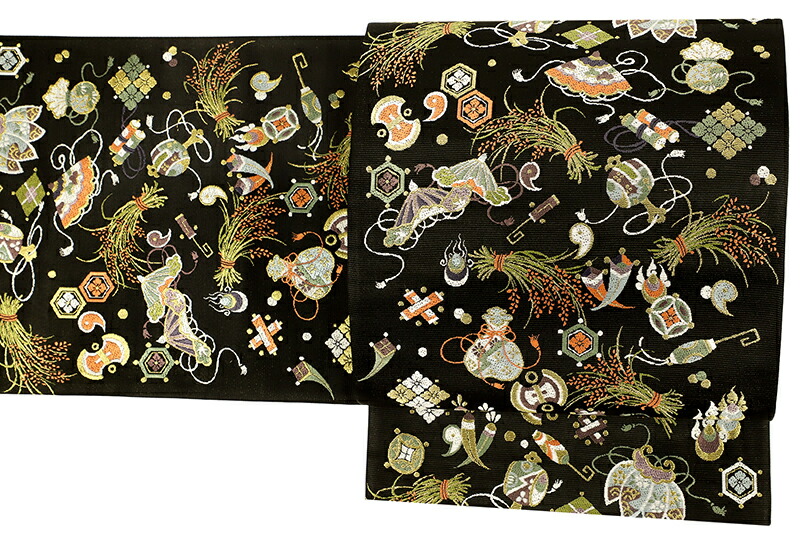 楽天市場】袋帯 正絹 西陣織 山下織物 唐織 黒地 豊年宝尽くし 未