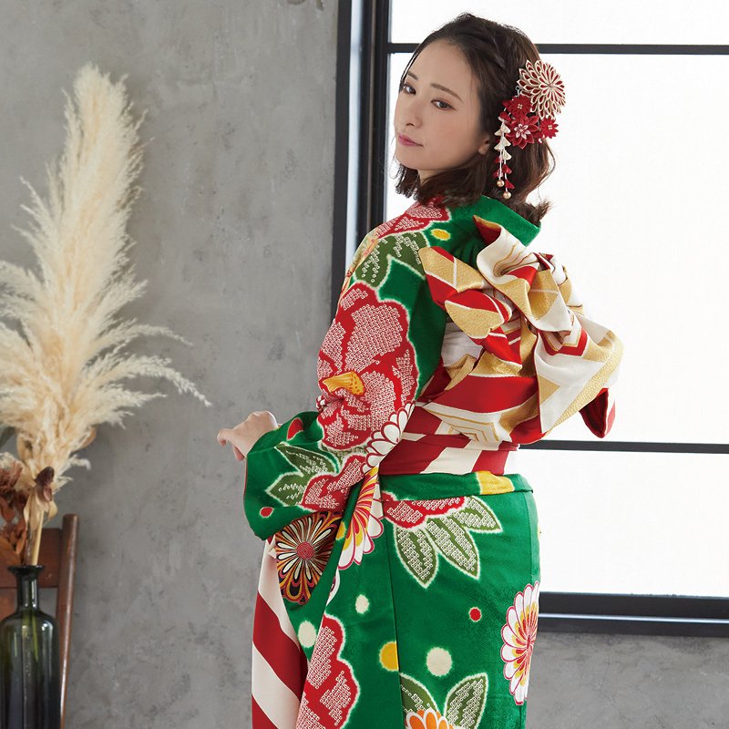 楽天市場】【振袖 レンタル】 結婚式 結納R1829 正絹 緑 紅椿に菊梅