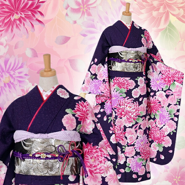 楽天市場】【成人式 振袖 レンタル】RS1042 正絹 紺 桜と菊花フル