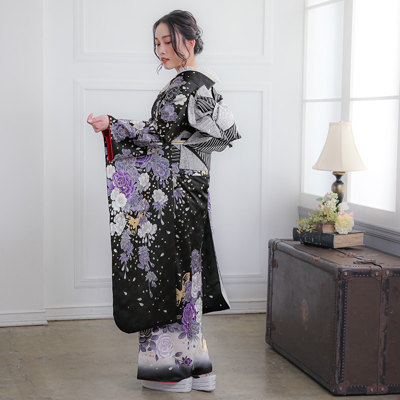 楽天市場】【成人式 振袖 レンタル】RS1365 正絹 黒 枝垂桜に牡丹フル