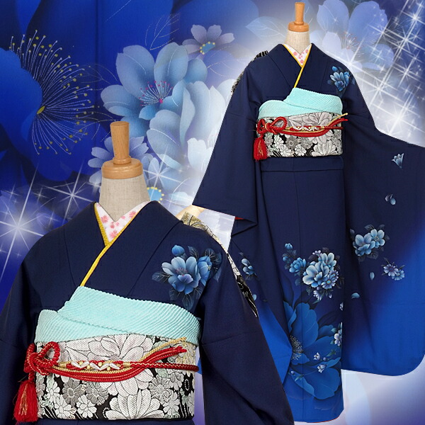 楽天市場】成人式早割クーポン10％オフ【振袖 レンタル】RS769 正絹 紺