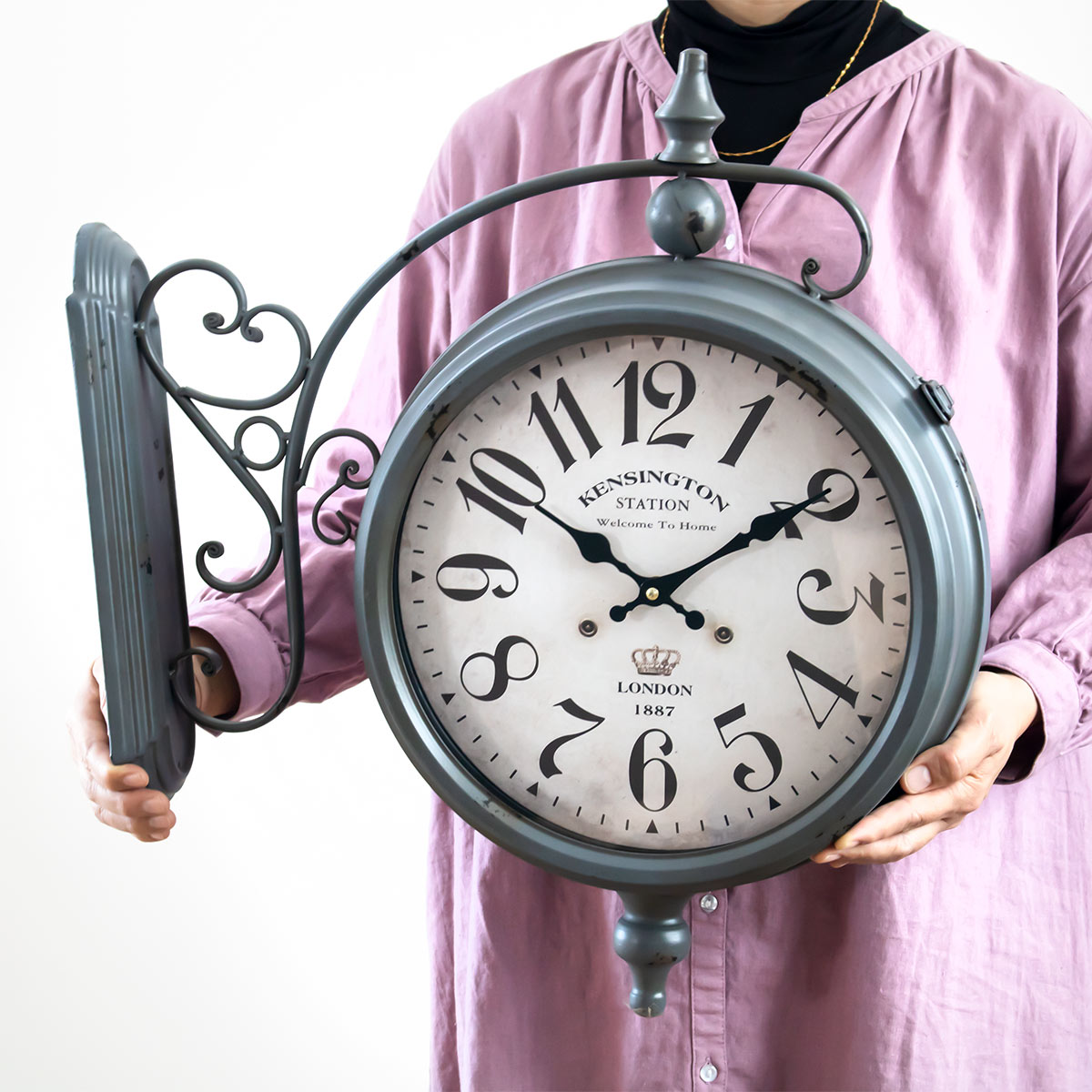 楽天市場】掛け時計 ウォールクロック アンティーク 両面 グレー 幅