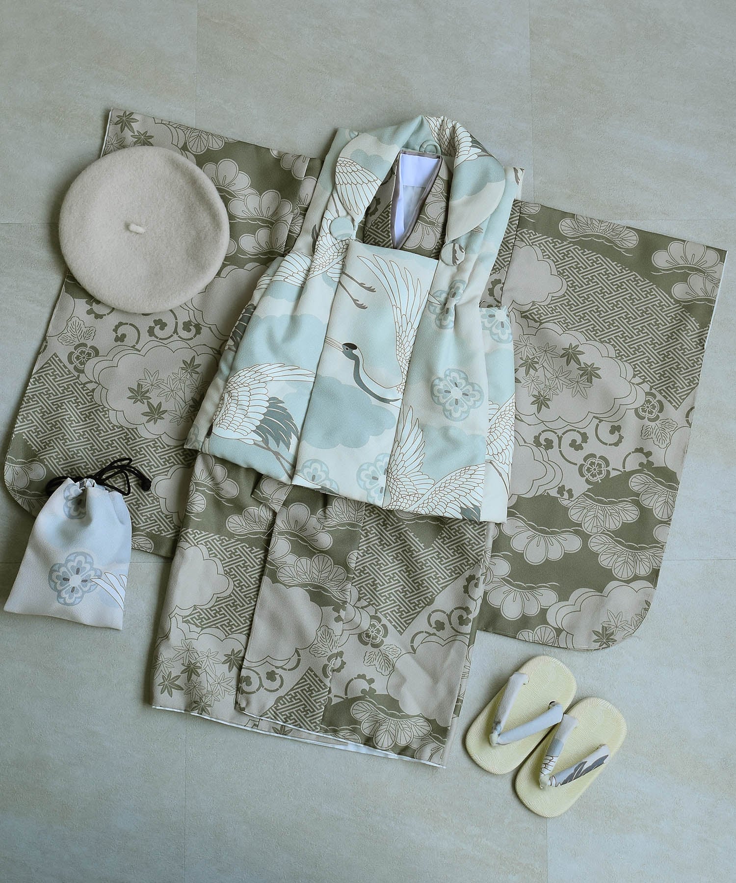 utataneひよこ商店七五三男の子被布クリーム金彩×ミント吉祥鶴