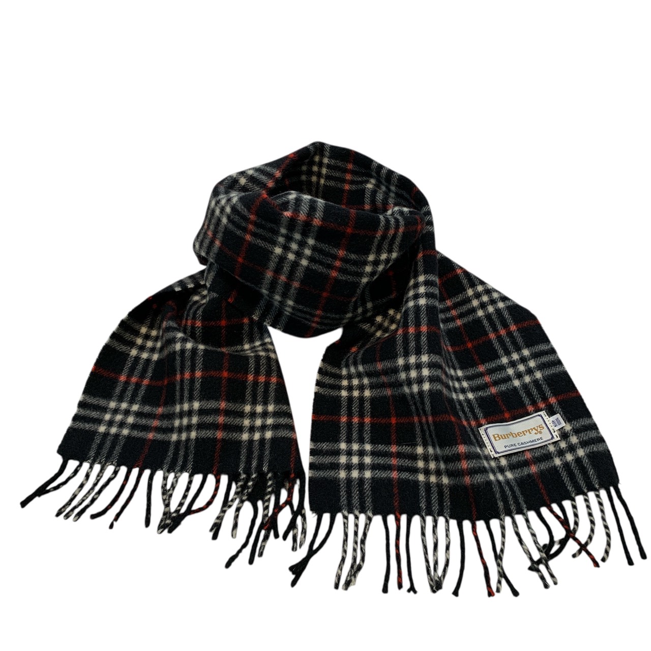 希少 BURBERRYS カシミヤ 黒 マフラーストール ゴールド フリンジ太