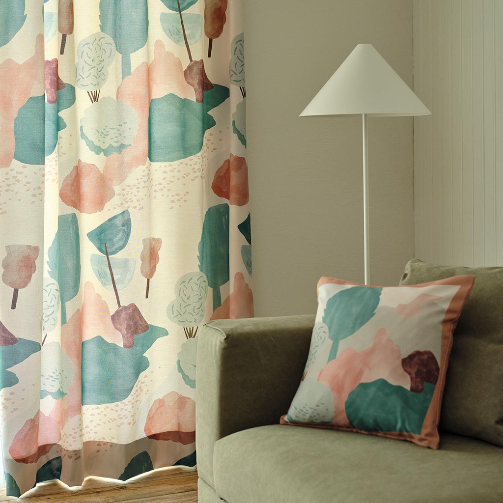 Sarahbel デザイン Forest カーテン グリーン テラコッタピンク