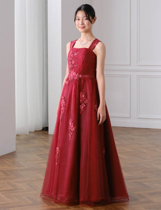 ジュニアドレス ダークレッド・レースモチーフ×チュールロングドレス