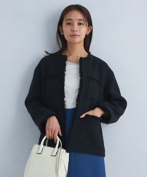 size SHORTあり］ミックスツイードライク ポケット ノーカラー ジャケット