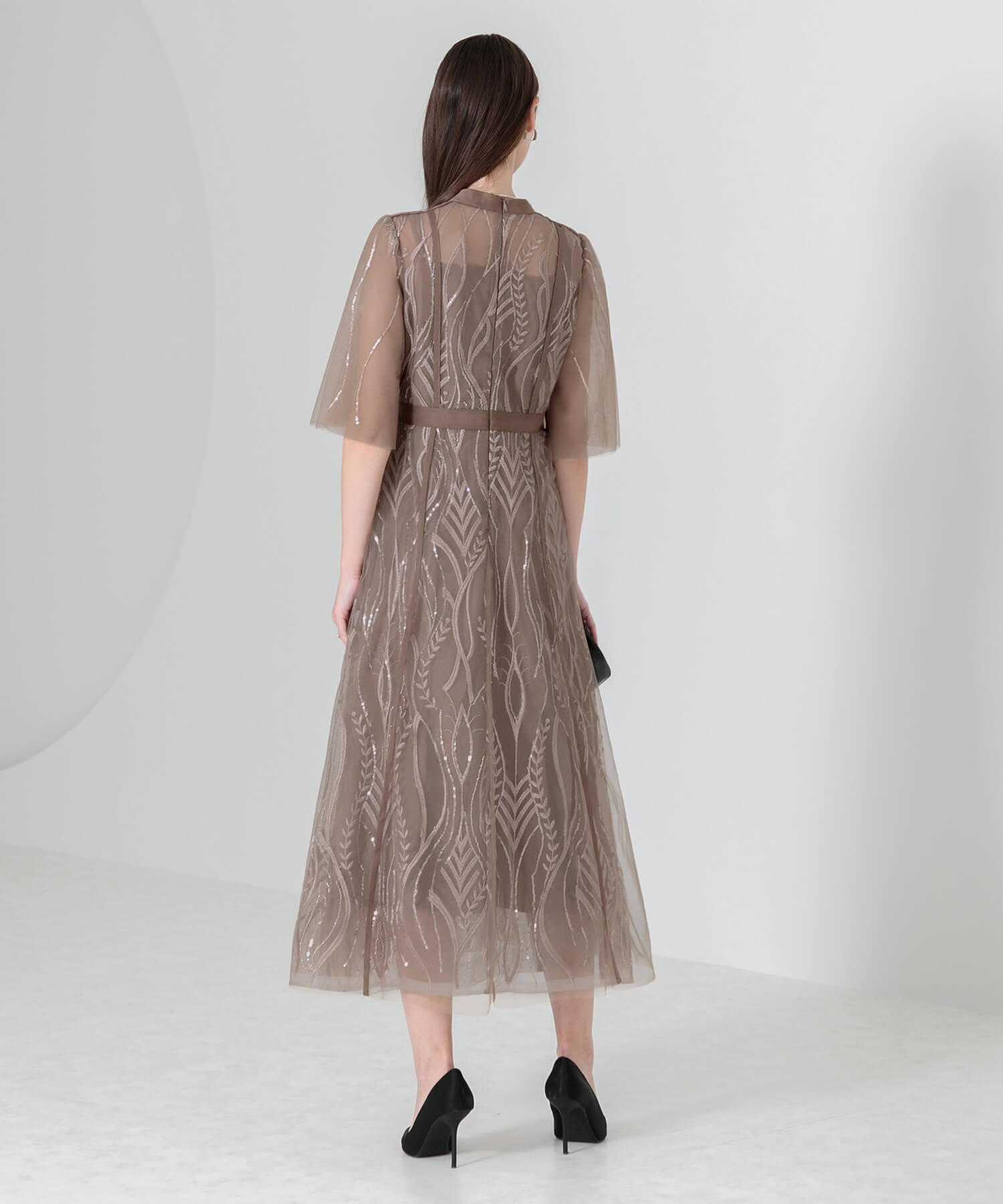 スパンコール刺繍レースプチハイネックフリルロングドレスワンピース