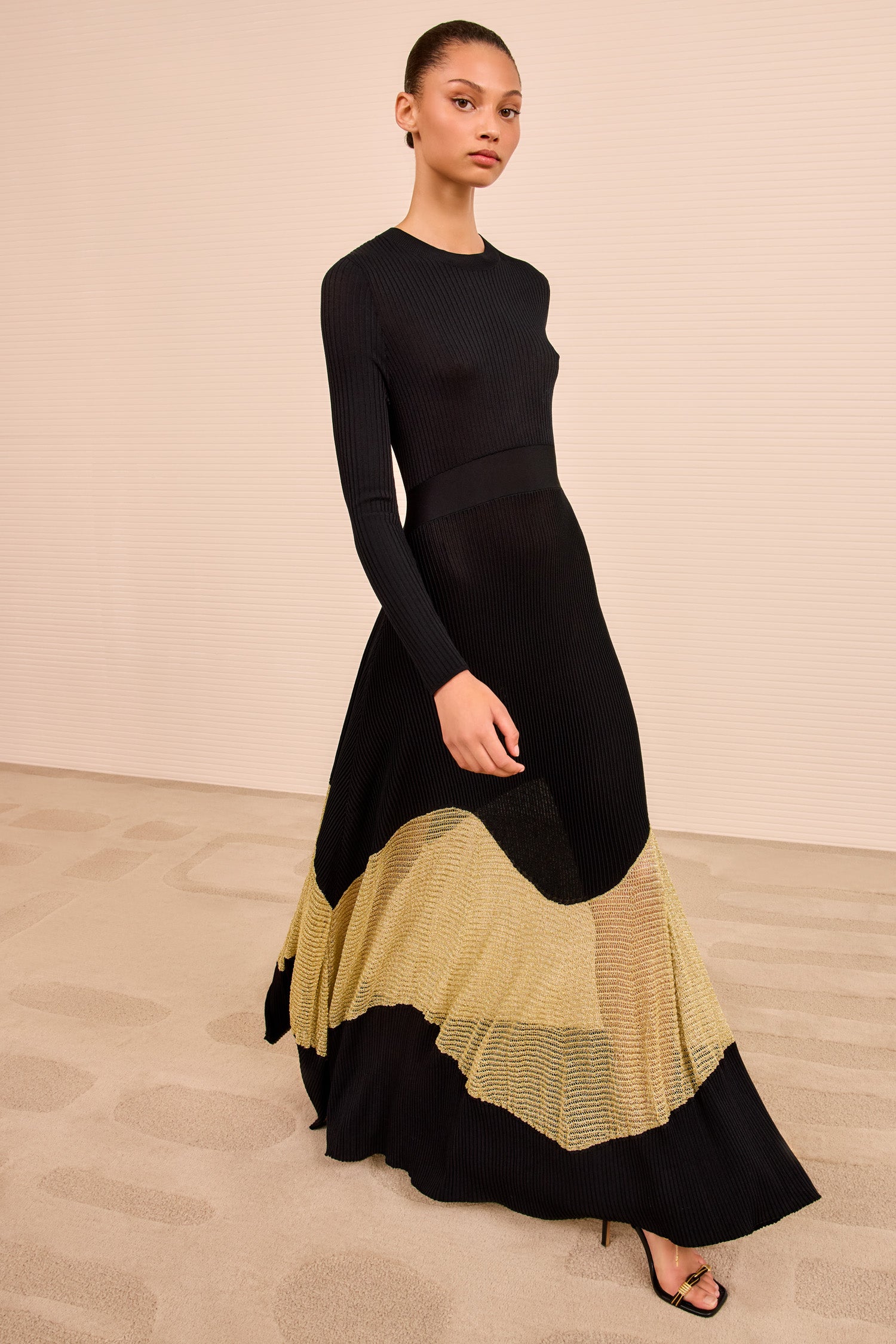 Roanne Long Dress - Gold Noir Black Rib Knit Long Sleeve Midi