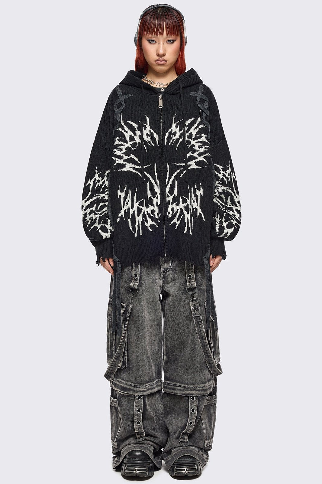 Black Knitted Zip-Up Hoodie With Sigilism Graphic | Minga London