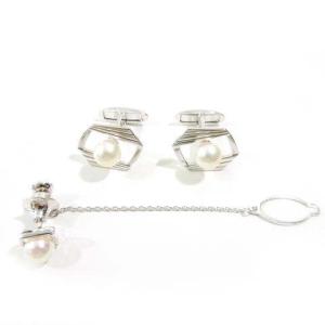 パール 真珠 宝石 シルバー カフス＆タイピン ブランド刻印 ネクタイ