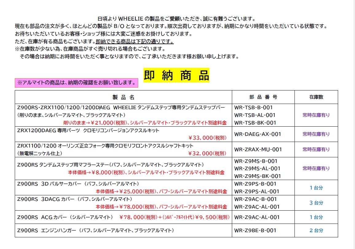 パーツリスト | ヴィレットパーツ・スイングアーム Wheelie ウィリー