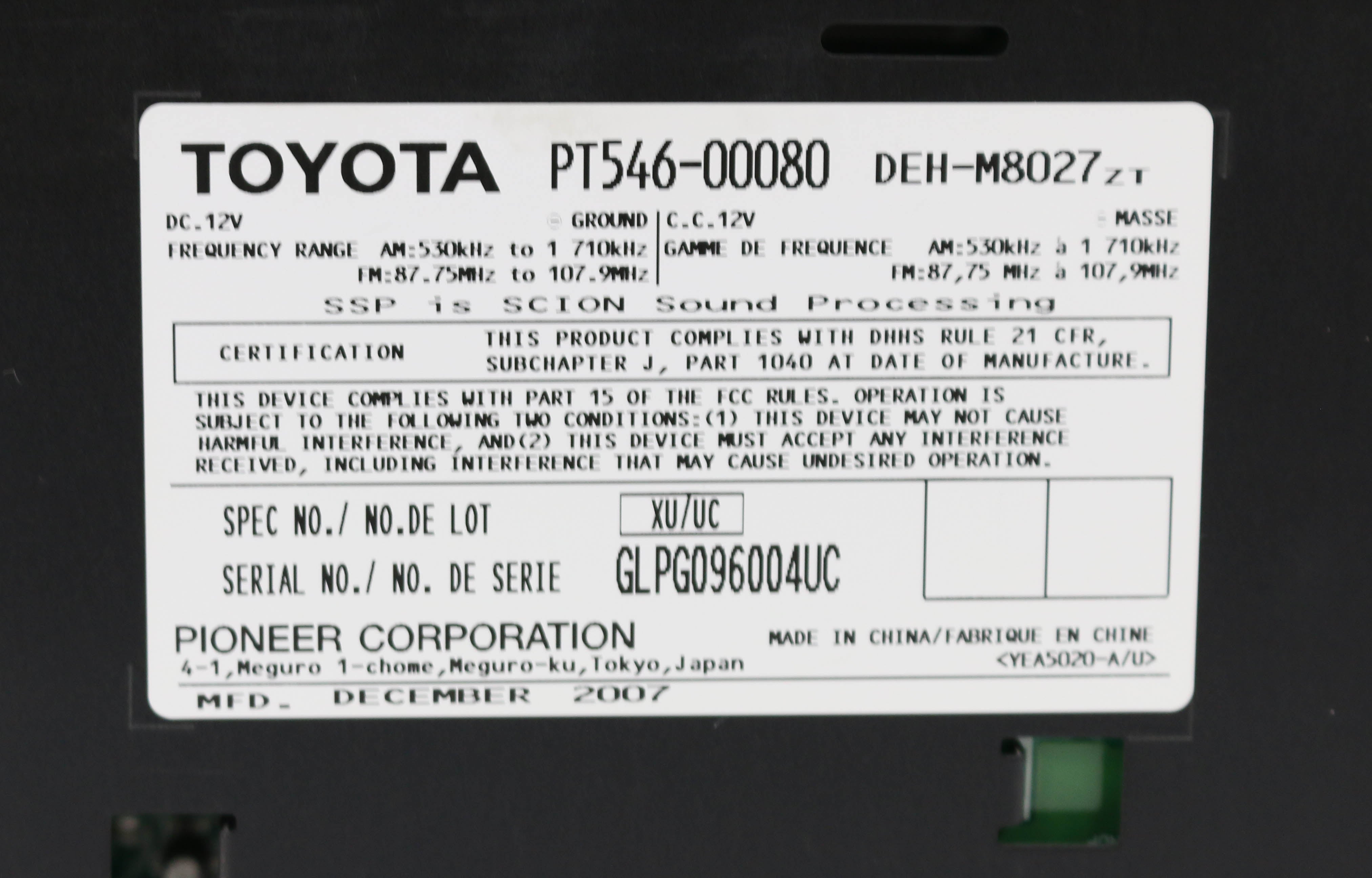 2008-2014 Scion TC XB XD AM FM XM Radio mp3 CD PT546-00080 Face