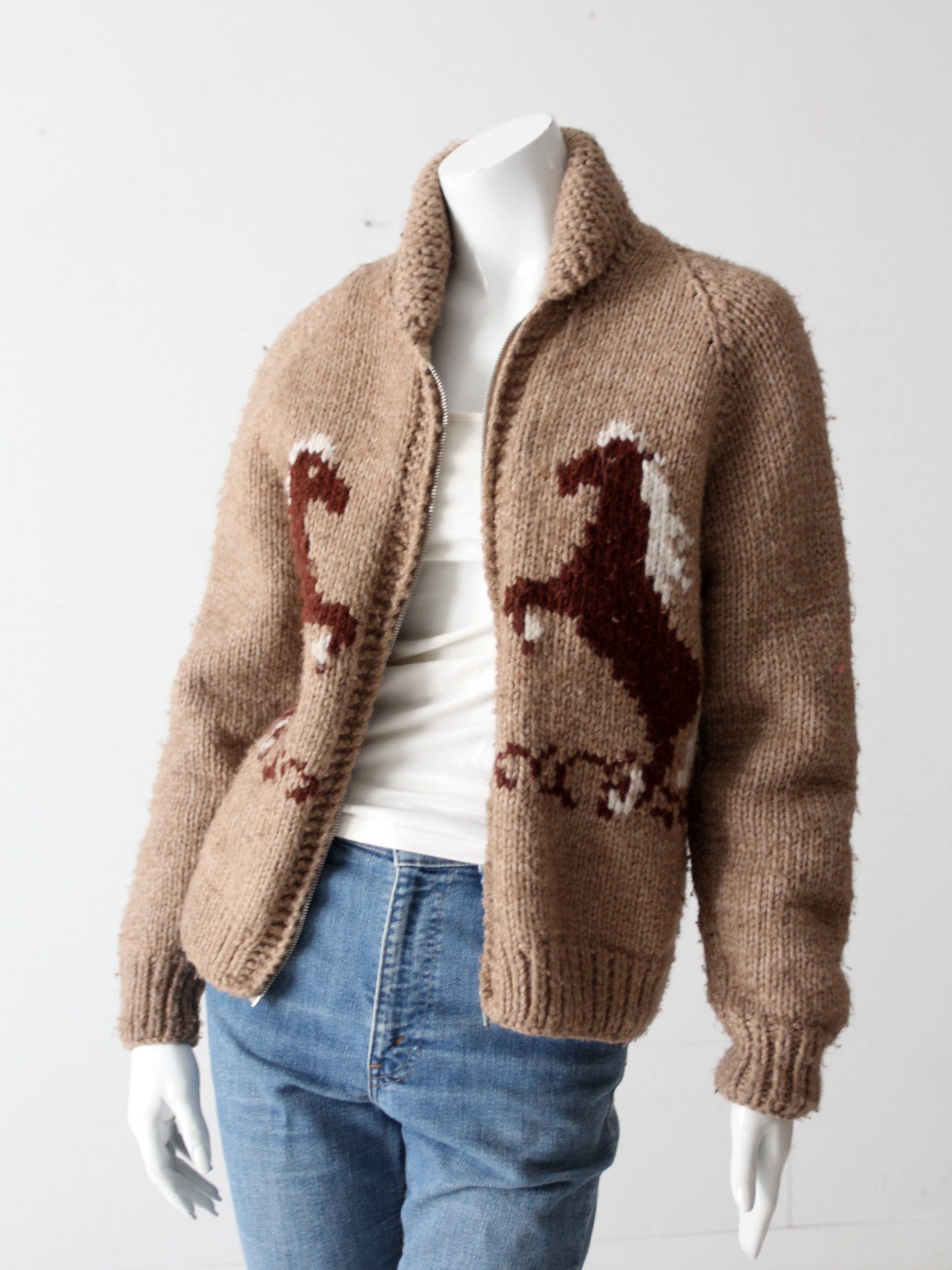 vintage hand knit cowichan style horse sweater – 86 Vintage