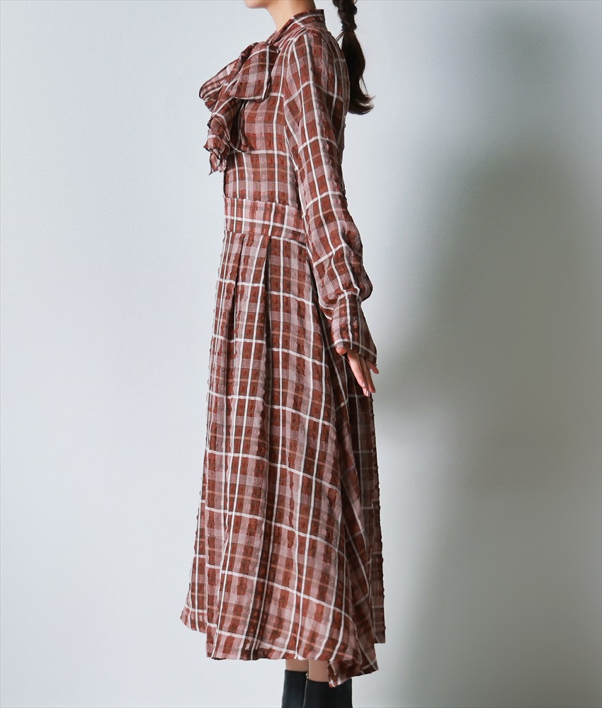 チェック柄・長袖・リボンタイ・Aライン・ブラウン・ブラック・フレア