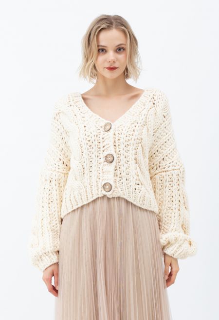V-Neck Crop Hand-Knit Chunky Cardigan in Cream - Boho Chic, Indie