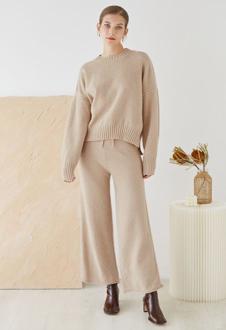 Waffle Knit Hi-Lo Sweater and Wide Leg Pants Set in Camel - Boho