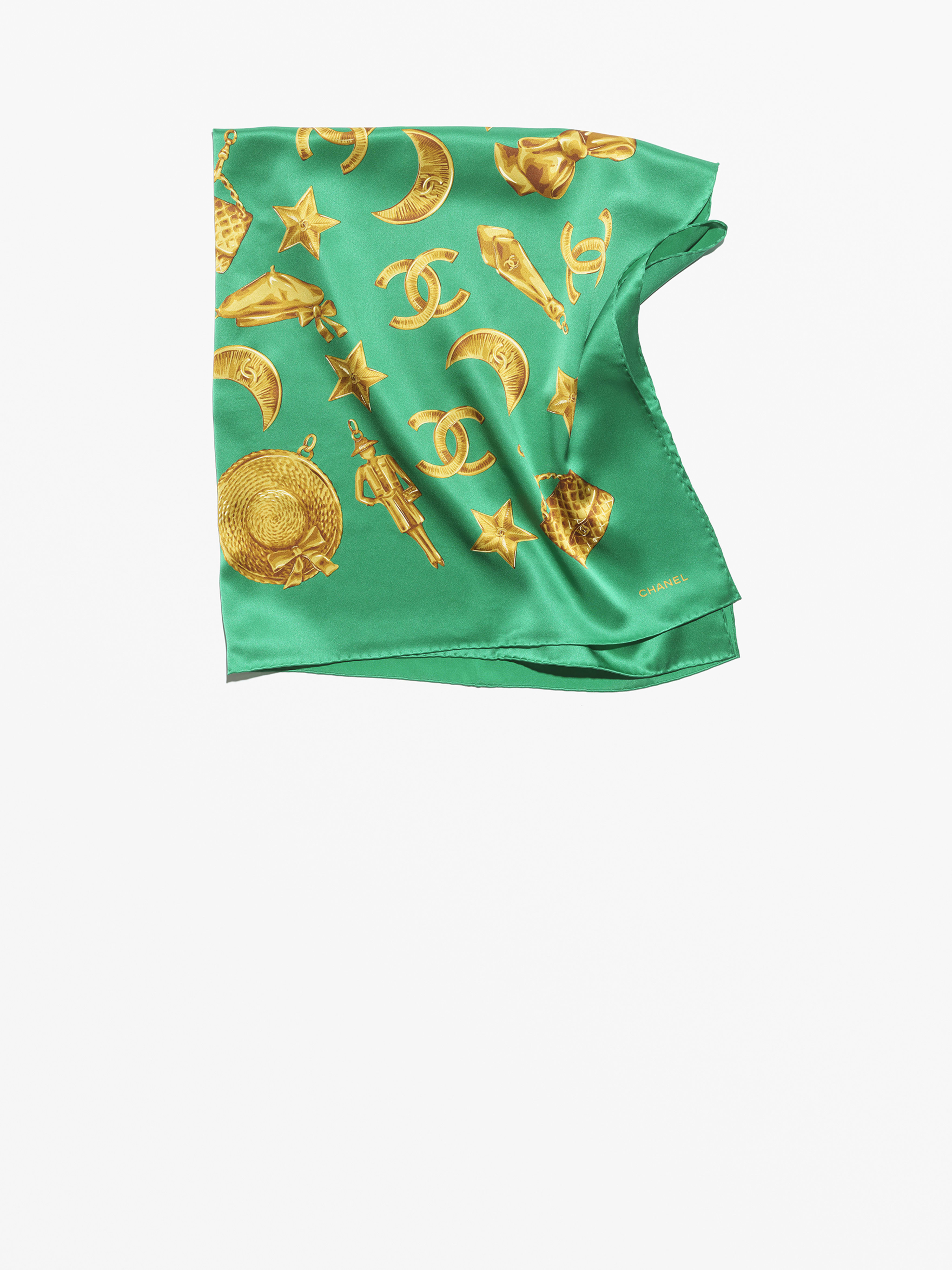 スカーフ - シルク サテン、グリーン & ゴールド — ファッション