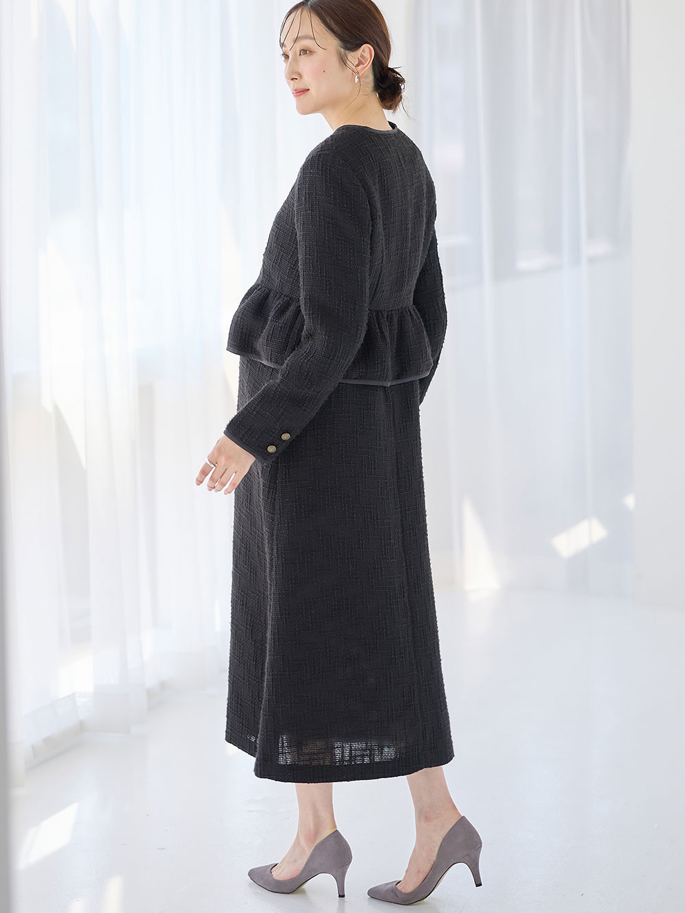 ツィードパフスリーブワンピース マタニティ・授乳服【出産後も長く