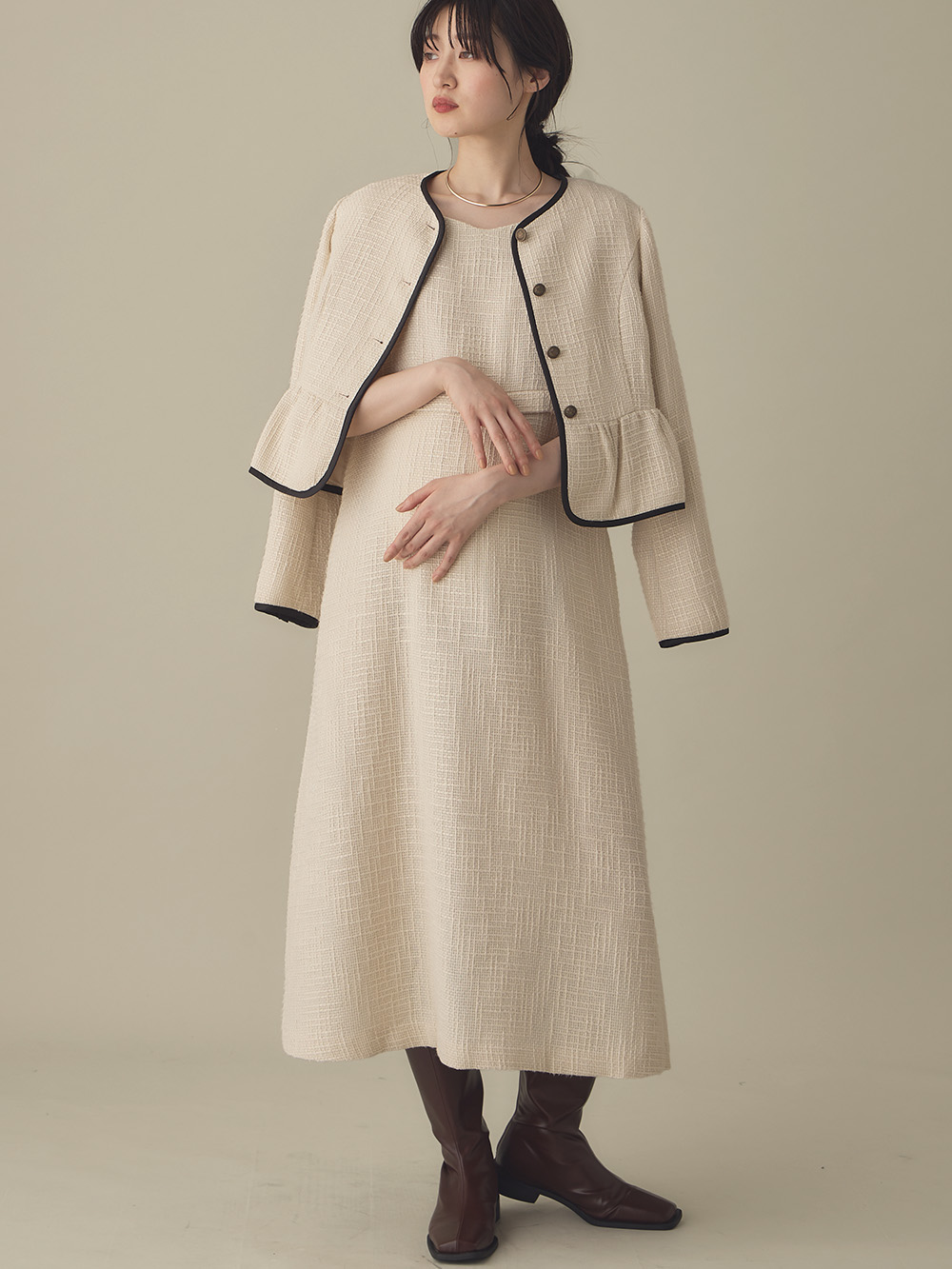 ツィードパフスリーブワンピース マタニティ・授乳服【出産後も長く