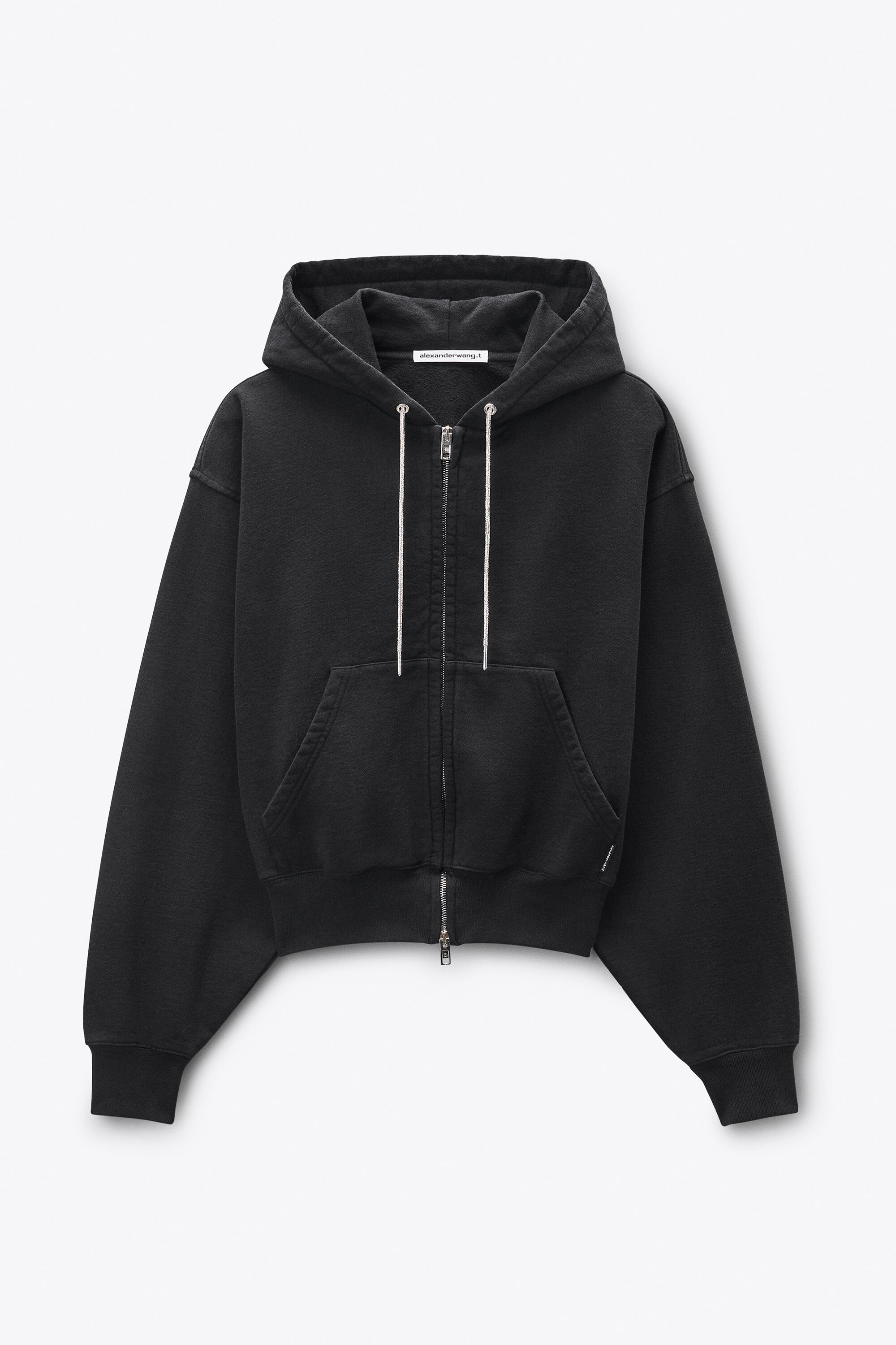 Black Cotton Terry Hoodie with Crystal Hotfix Drawcord in BLACK
