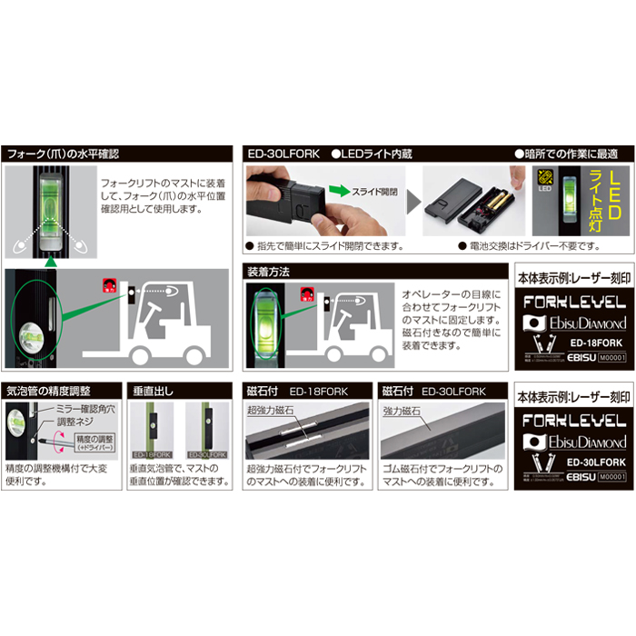 フォークリフト用水平器 ライト付フォークレベル 取寄品 - 大工道具