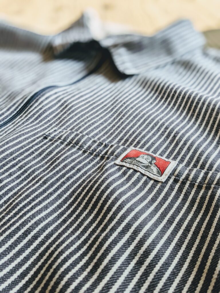 1990s USA BEN DAVIS S/S Hickory Stripe Work Shirt Navy Mens-L