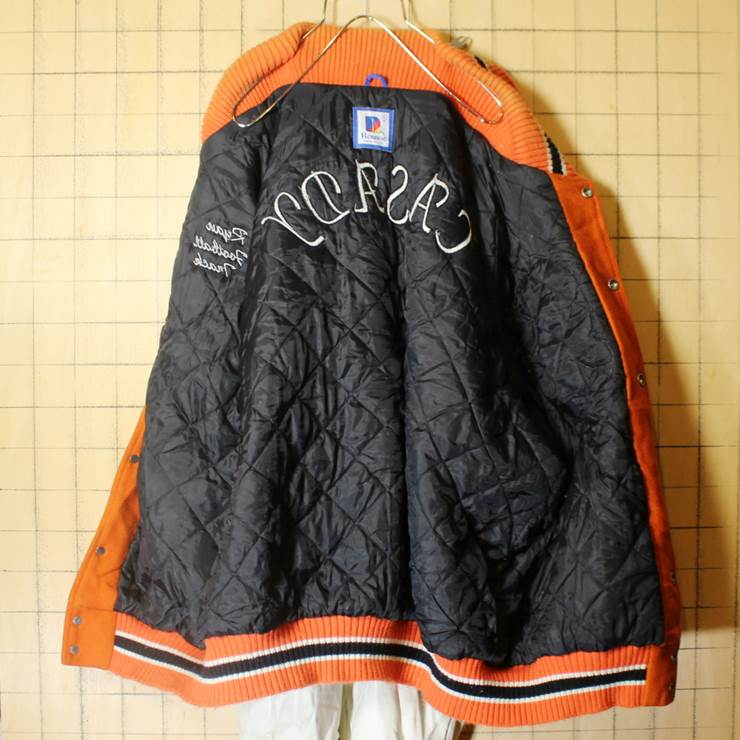 Rennoc USA製 メルトンウール スタジャン 袖レザー オレンジ ホワイト