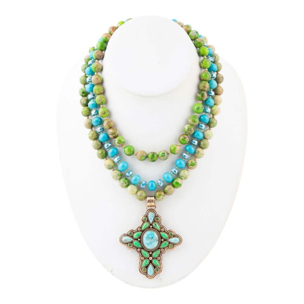Legacy Lime Green and Blue Turquoise Golden Cross Pendant