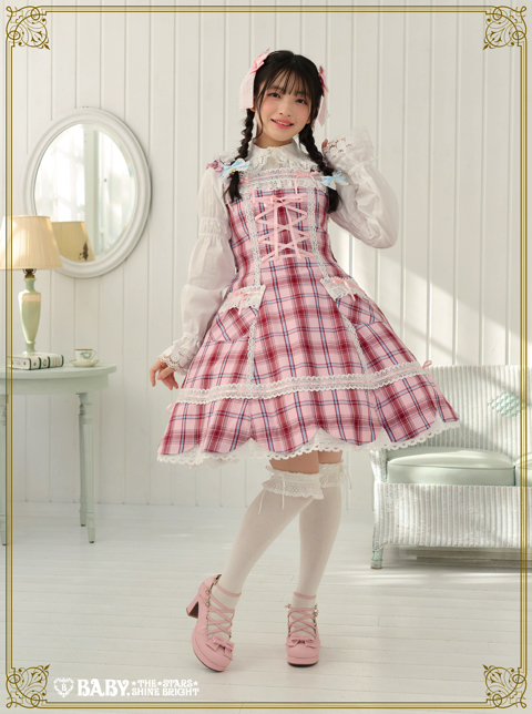 裾スカラップタータンチェックジャンパースカート＆リボンコームセット