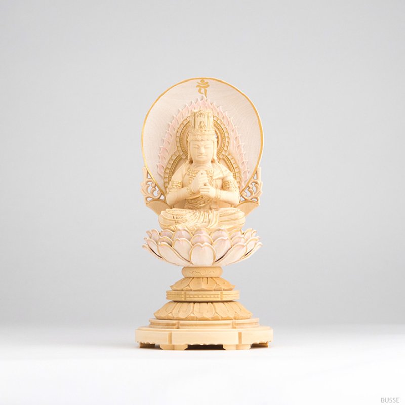 仏像 大日如来 座像 柘植製 丸座 1.8寸 金泥書 淡彩色 さくら色 真言宗