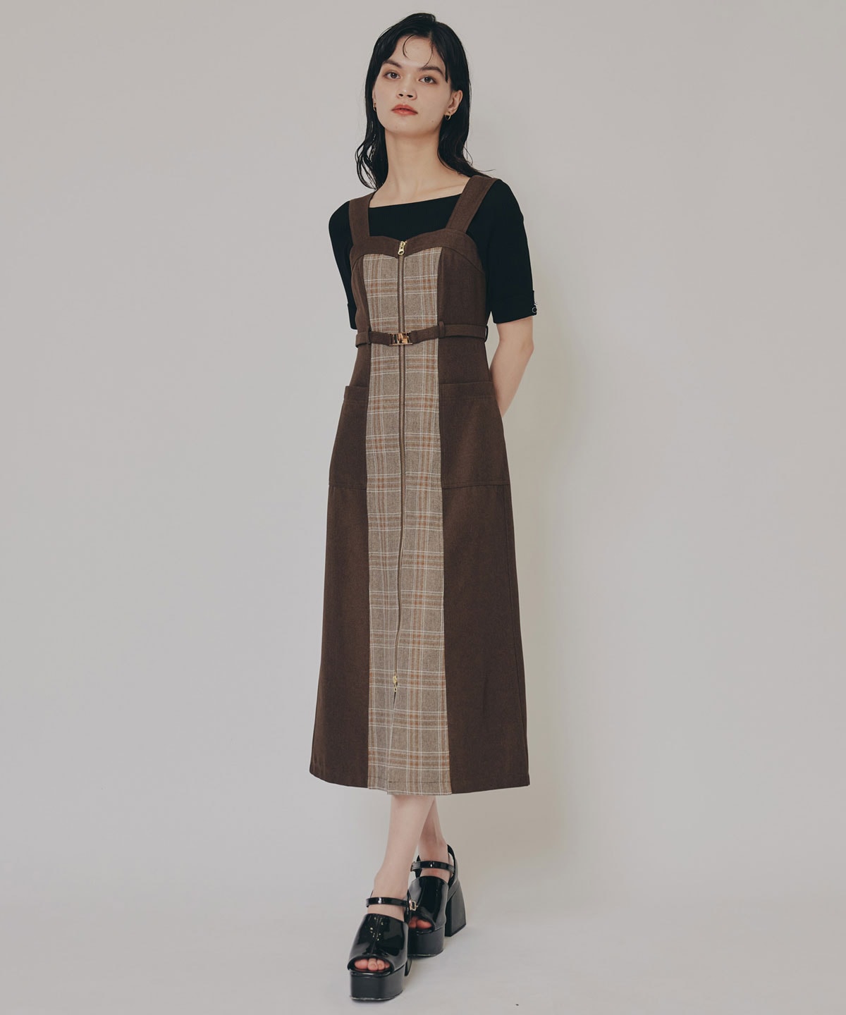フロントジップバイカラーチェックワンピース