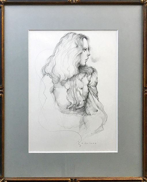 石阪春生 女性像 ペン画 金属製フレーム 石阪春生 女性像 ペン画 金属