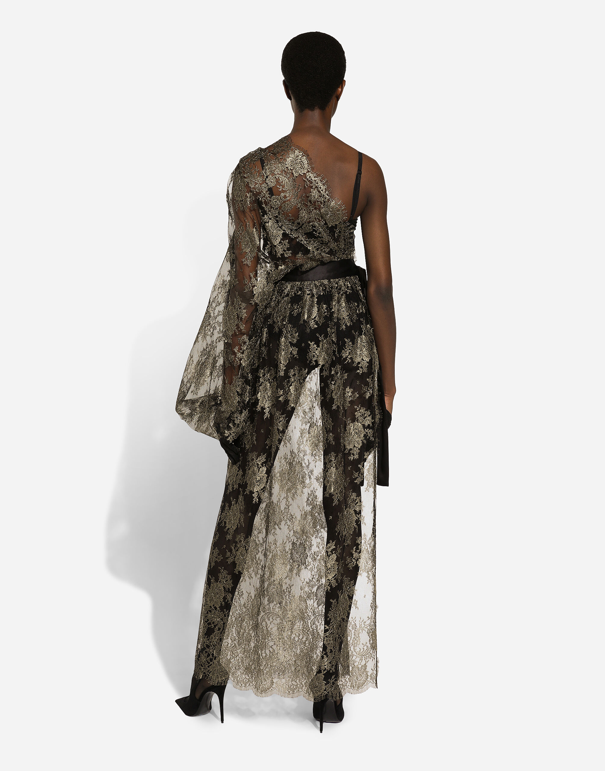 Calf-length one-shoulder lamé Chantilly lace dress in Gold for