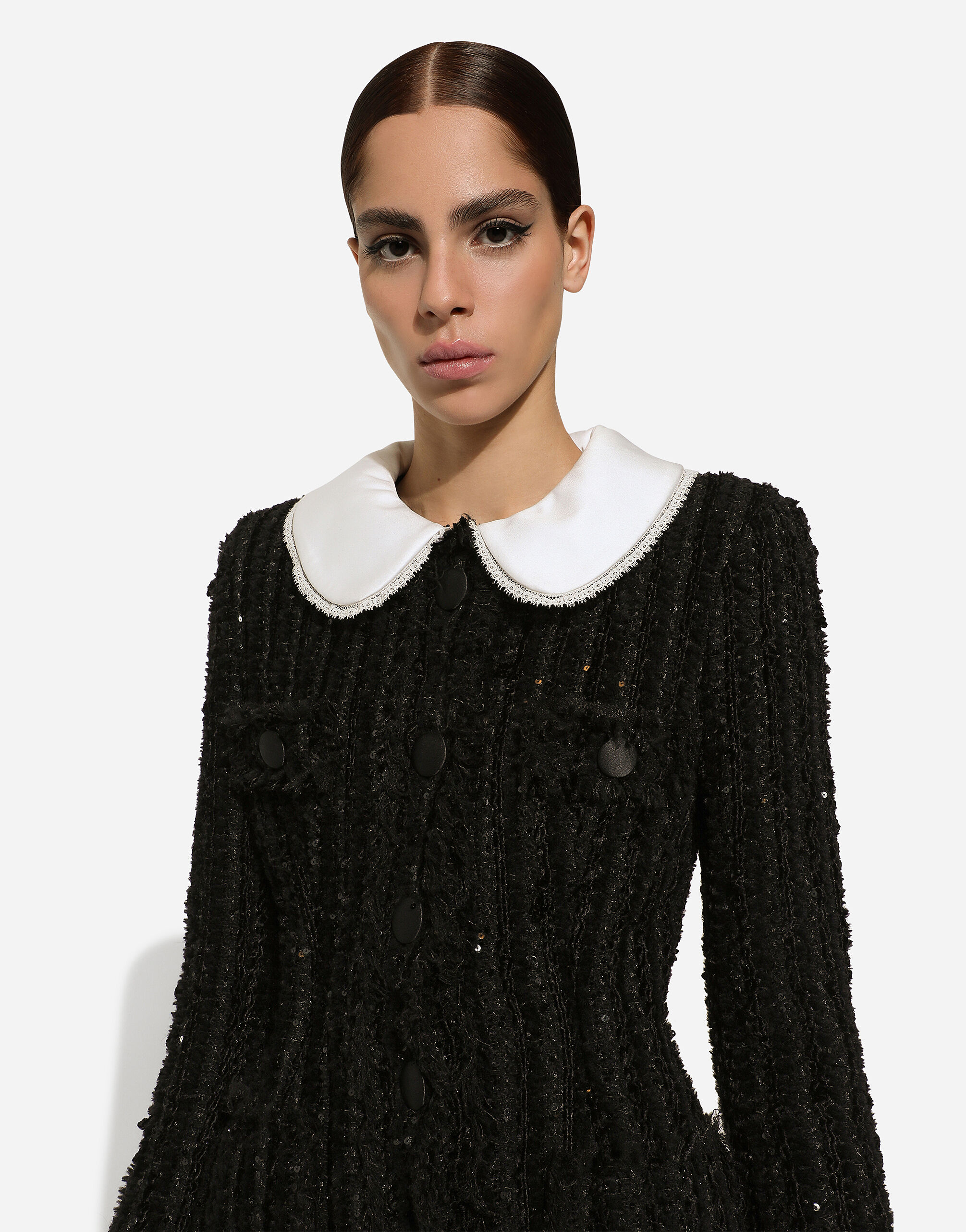 Tweed jacket with micro-sequin embellishment and satin collar in