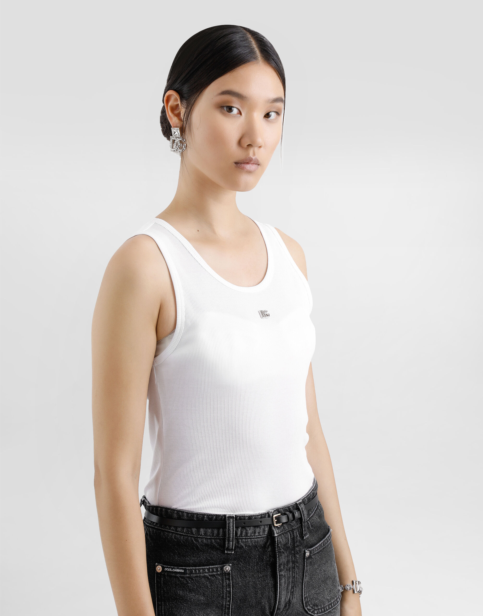 Fine-rib jersey tank top with DG logo pin in White for Women