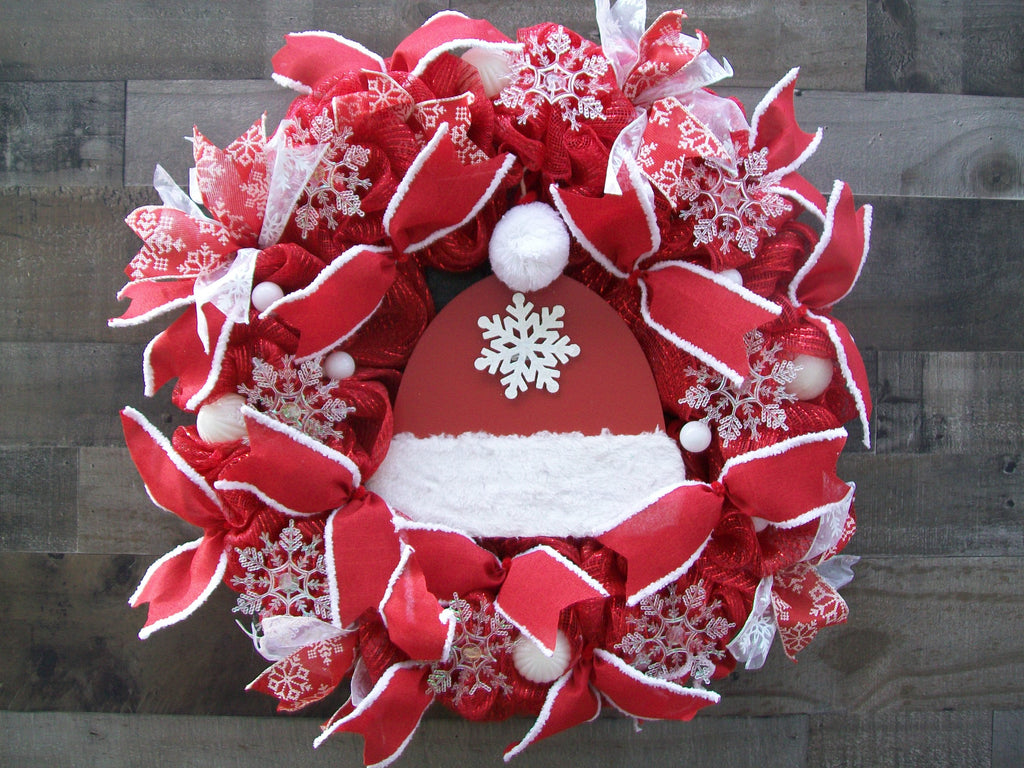 Red & White Snowflake Christmas Wreath with Wooden Red Hat Trimmed