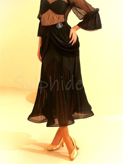 DanceQueen】社交ダンススカート【DQ639・プリーツ・ヒップドレープ黒