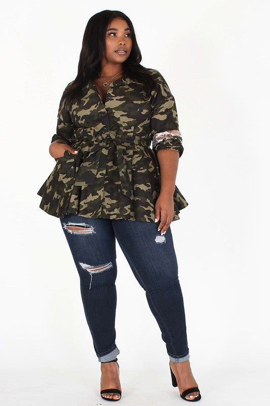Camouflage Peplum Jacket – Diva's Den Fashion, LLC