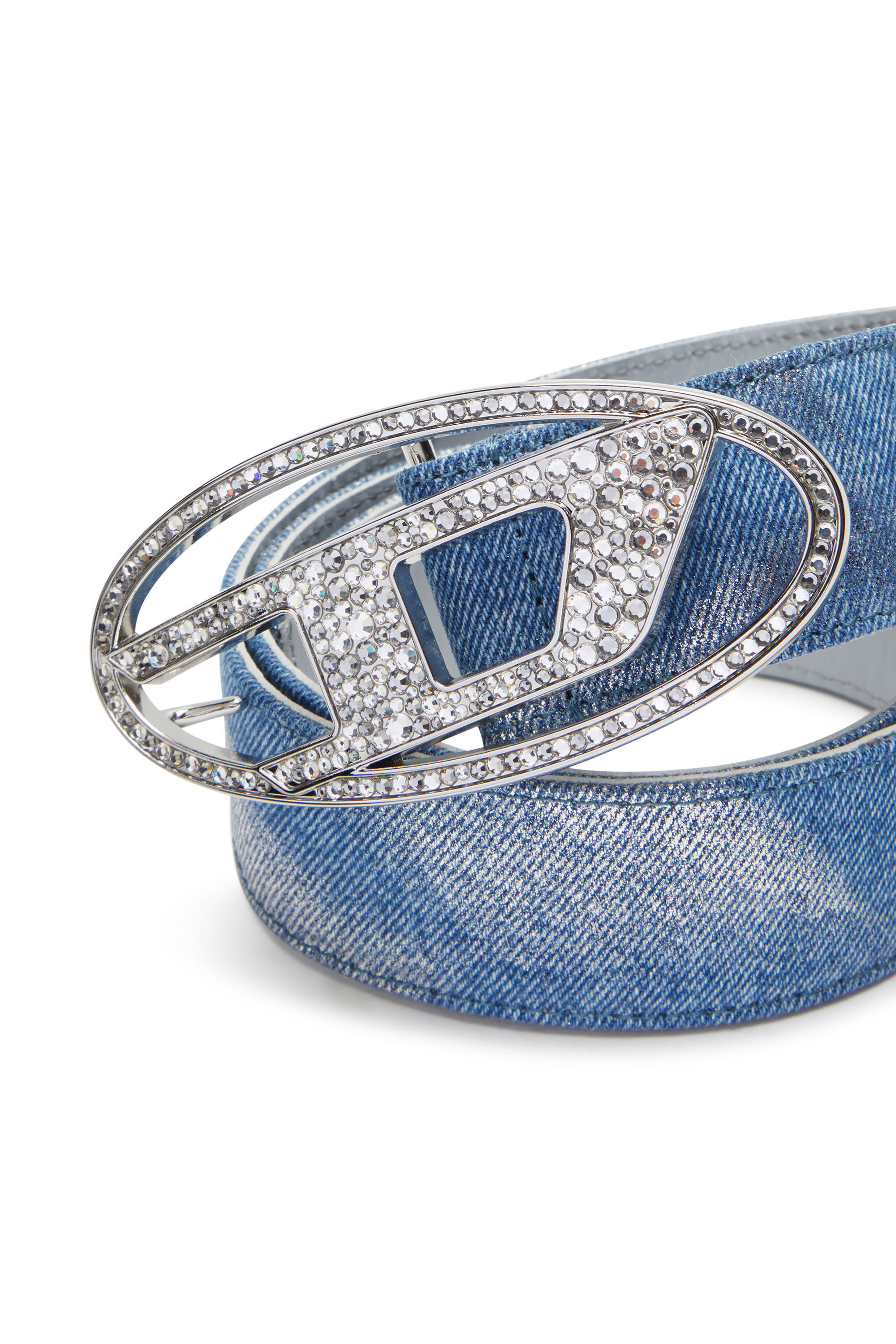 B-1DR STRASS Belt in foiled denim and leather｜ブルー｜ウィメンズ