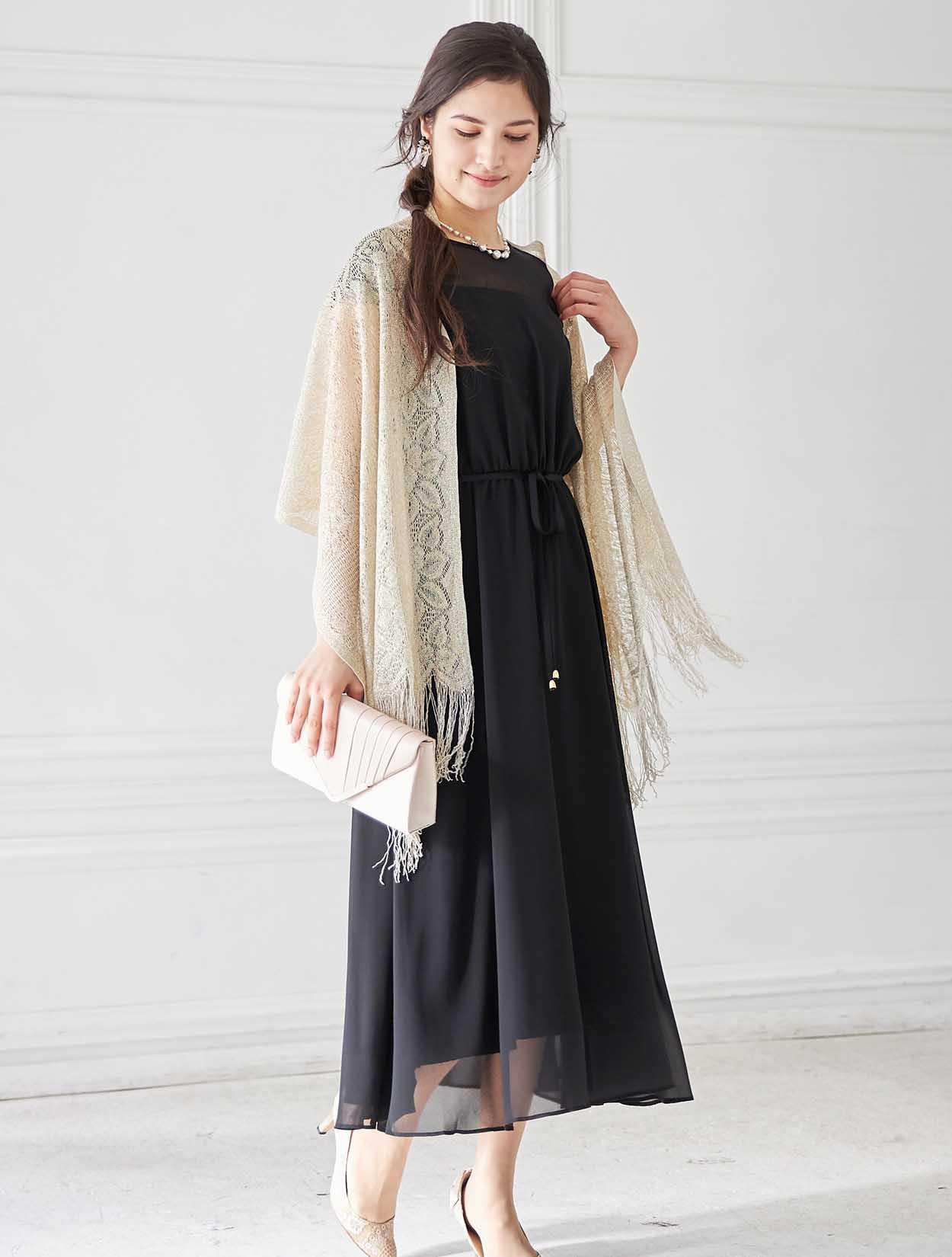 3L/5L】オーガンジー胸元透かしミディ丈ドレス（ブラック）DPSET0356L